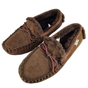 LL Bean Men's Moccasin Suede Slippers Pile Lined Loafers Brown Size 9M
